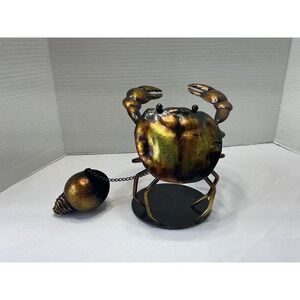Metal Crab Sculpture with Shell Bucket Nautical Bronze Gold Coastal Decor 8in